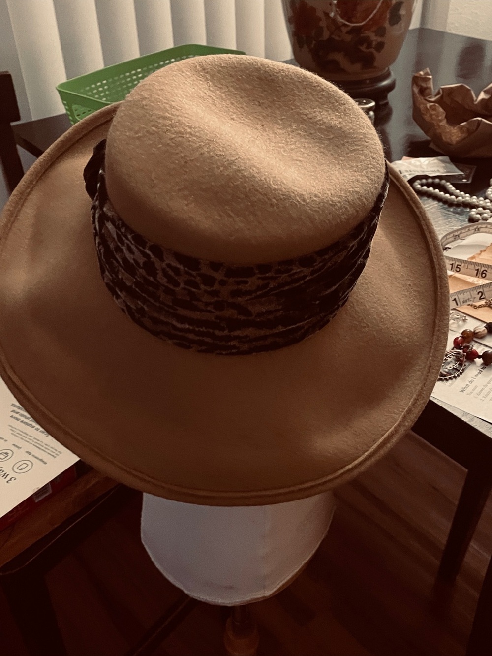 Womens Wide-Brim Felt Hat with Leopard Band - Tan Tuscan Hat